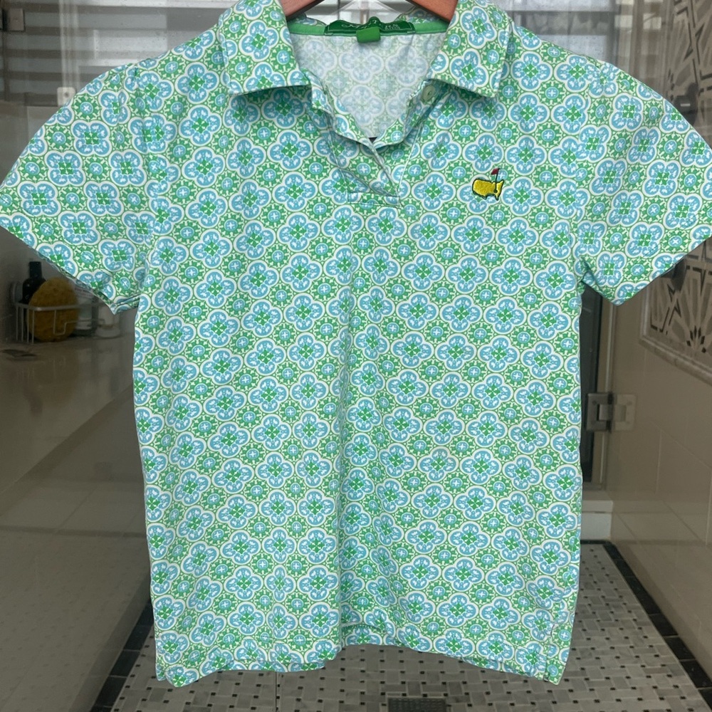 Masters Green and White Patterned Polo Shirt- Girls medium size 8-10